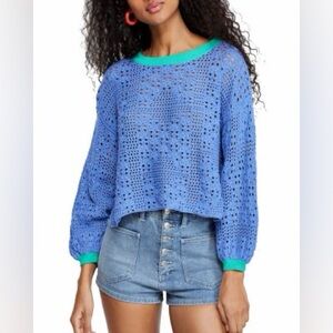 Free People home run pointelle Blue and Green Crochet Sweater